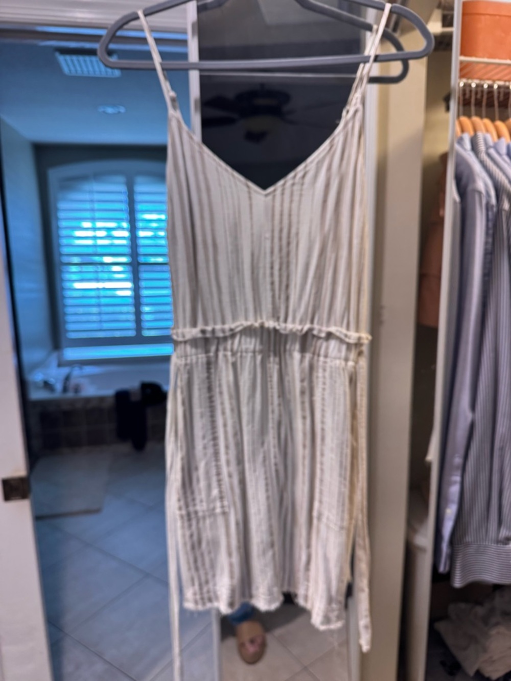 Splendid Cream Striped V-Neck Spaghetti Strap Mini Dress